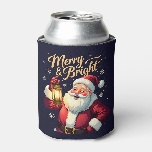 Merry Bright Santa Holding Lantern Illustration Can Cooler (Can Front)