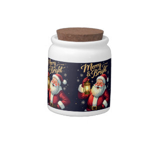 Merry Bright Santa Holding Lantern Illustration Candy Jar