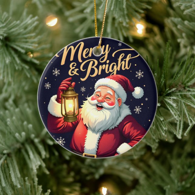Merry Bright Santa Holding Lantern Illustration Ceramic Ornament (Tree)