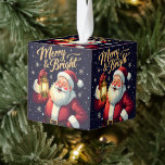 Merry Bright Santa Holding Lantern Illustration Cube Ornament