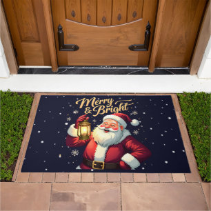 Merry Bright Santa Holding Lantern Illustration Doormat