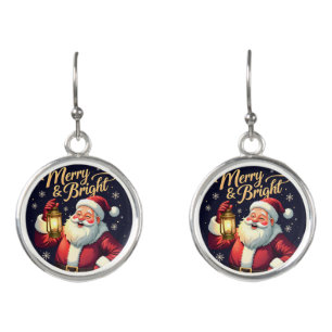 Merry Bright Santa Holding Lantern Illustration Earrings