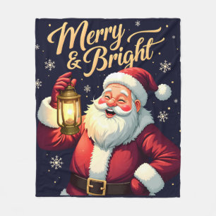 Merry Bright Santa Holding Lantern Illustration Fleece Blanket