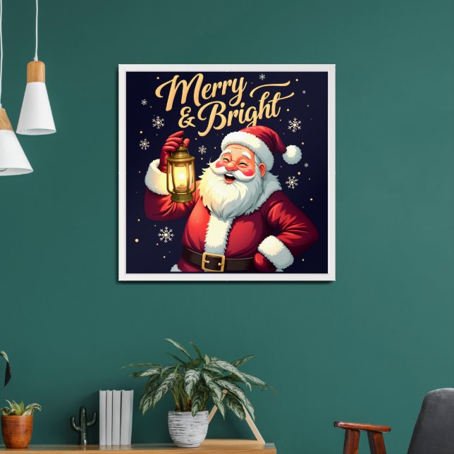 Merry Bright Santa Holding Lantern Illustration Framed Art (Living Room 2)