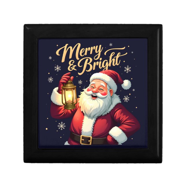 Merry Bright Santa Holding Lantern Illustration Gift Box (Front)