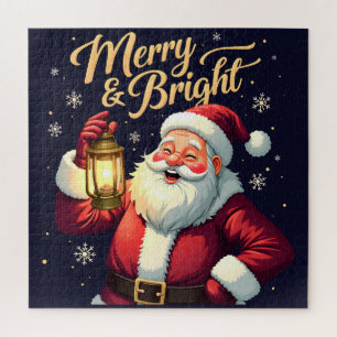 Merry Bright Santa Holding Lantern Illustration Jigsaw Puzzle