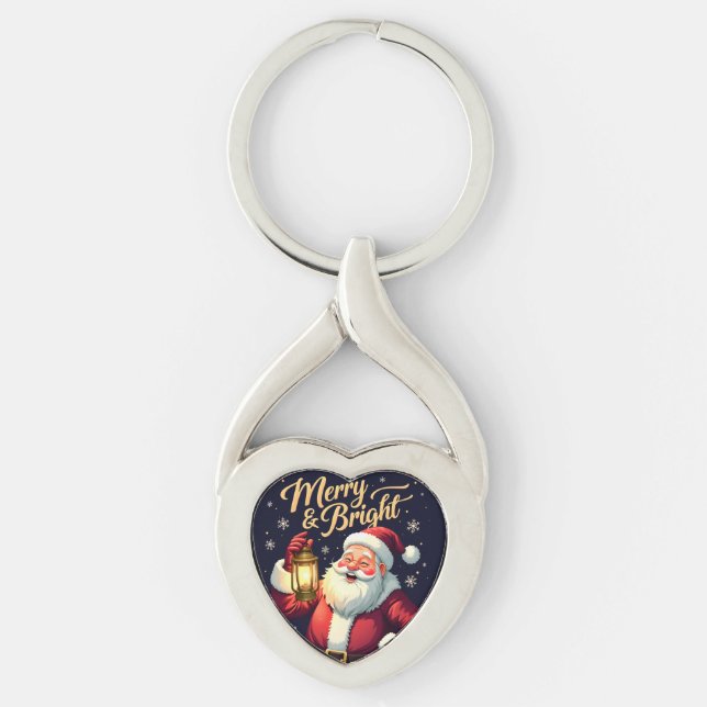 Merry Bright Santa Holding Lantern Illustration Keychain (Front)