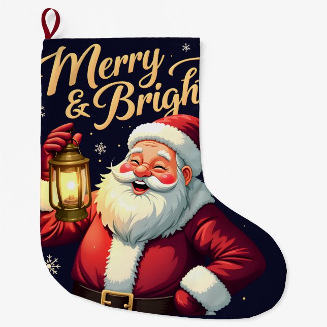 Merry Bright Santa Holding Lantern Illustration Large Christmas Stocking (Front)