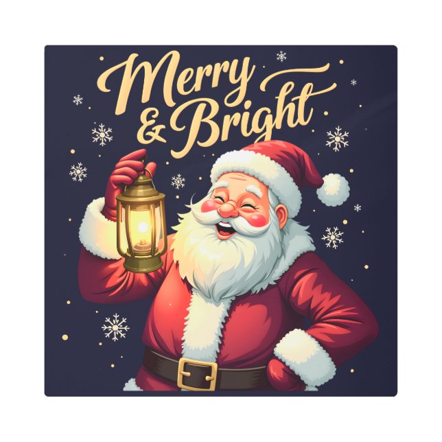 Merry Bright Santa Holding Lantern Illustration Metal Print (Front)