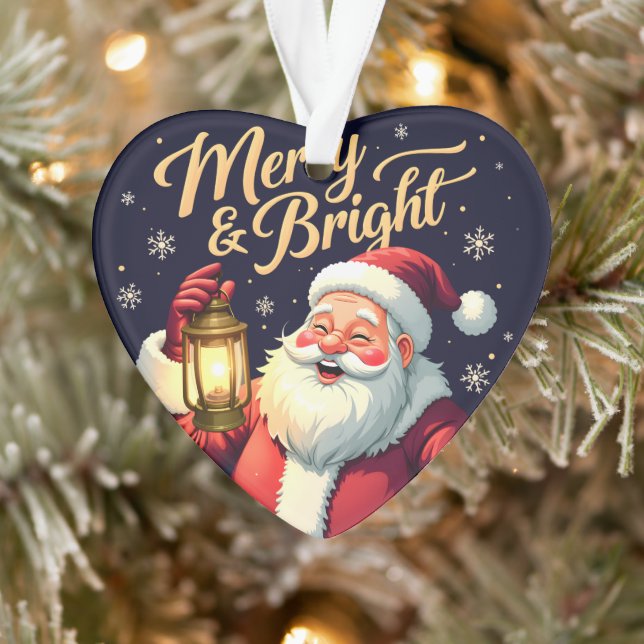 Merry Bright Santa Holding Lantern Illustration Ornament (Tree)