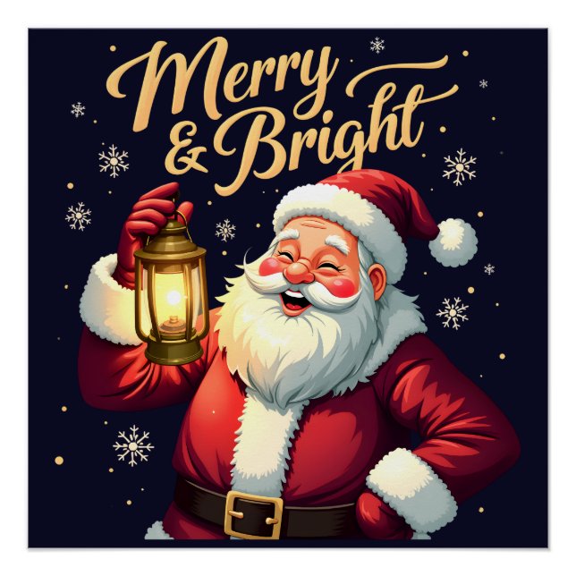 Merry Bright Santa Holding Lantern Illustration Poster (Front)