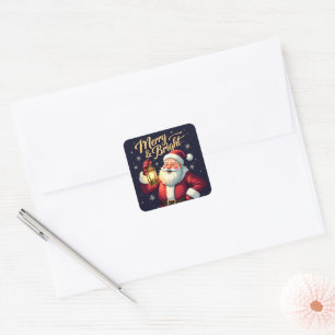 Merry Bright Santa Holding Lantern Illustration Square Sticker