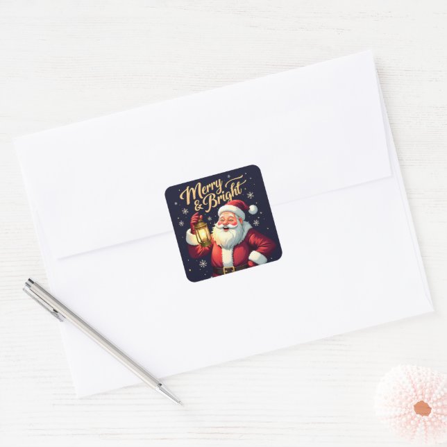Merry Bright Santa Holding Lantern Illustration Square Sticker (Envelope)