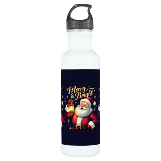 Merry Bright Santa Holding Lantern Illustration Stainless Steel Water Bottle (Front)