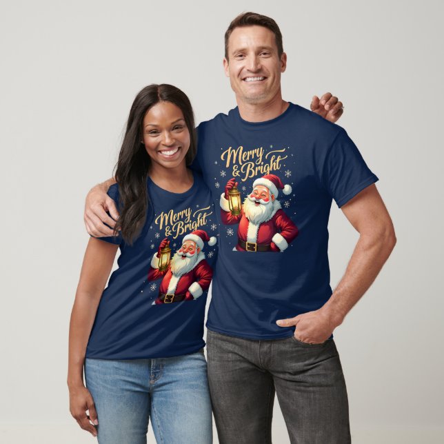 Merry Bright Santa Holding Lantern Illustration T-Shirt (Unisex)
