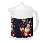 Merry Bright Santa Holding Lantern Illustration Teapot
