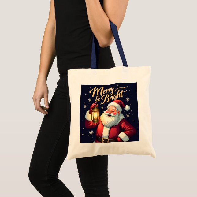Merry Bright Santa Holding Lantern Illustration Tote Bag (Front (Product))