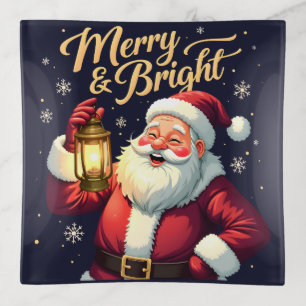 Merry Bright Santa Holding Lantern Illustration Trinket Tray