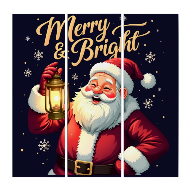 Merry Bright Santa Holding Lantern Illustration Triptych (Front)