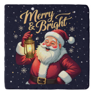 Merry Bright Santa Holding Lantern Illustration Trivet