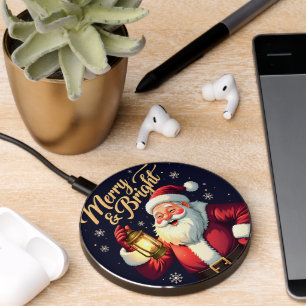 Merry Bright Santa Holding Lantern Illustration Wireless Charger