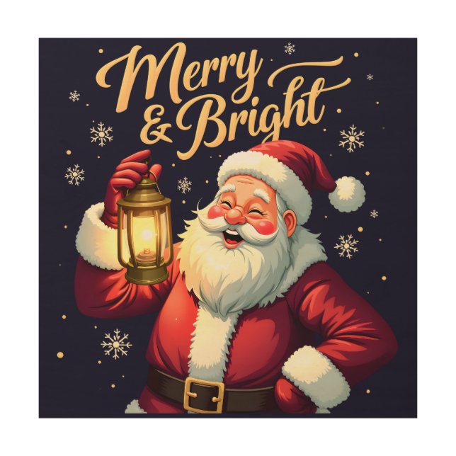 Merry Bright Santa Holding Lantern Illustration Wood Wall Art (Front)