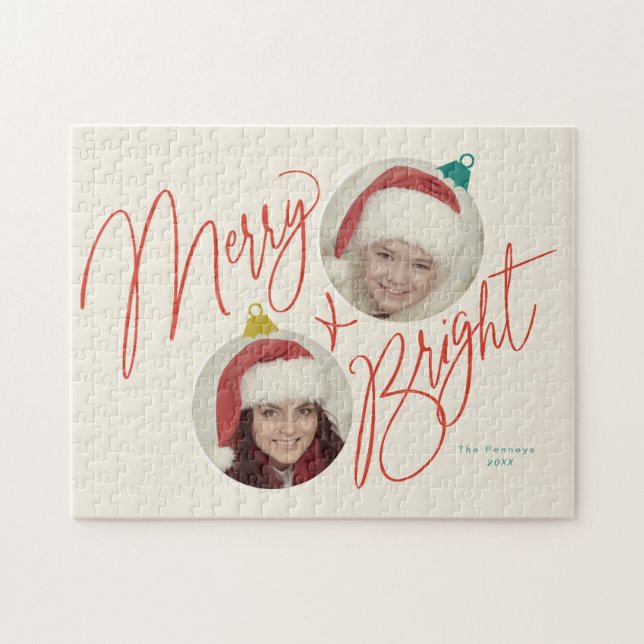 Merry & Bright script and photo ornaments design Jigsaw Puzzle (Horizontal)
