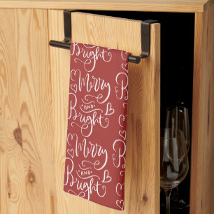 Merry & Bright Script Calligraphy Red Christmas Kitchen Towel