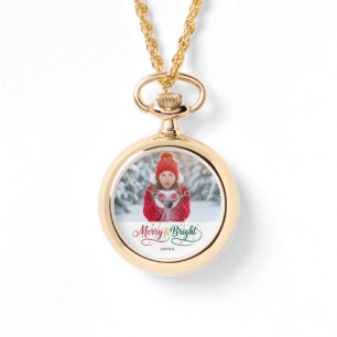 Merry & Bright Script Custom Necklace Photo Watch