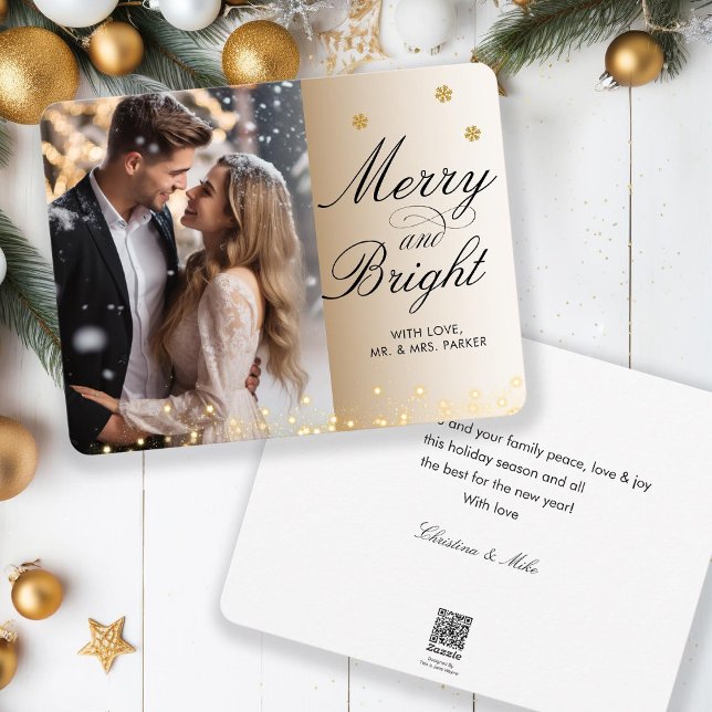 Merry & Bright! Script Font, Beige Photo  Holiday Card (Creator Uploaded)