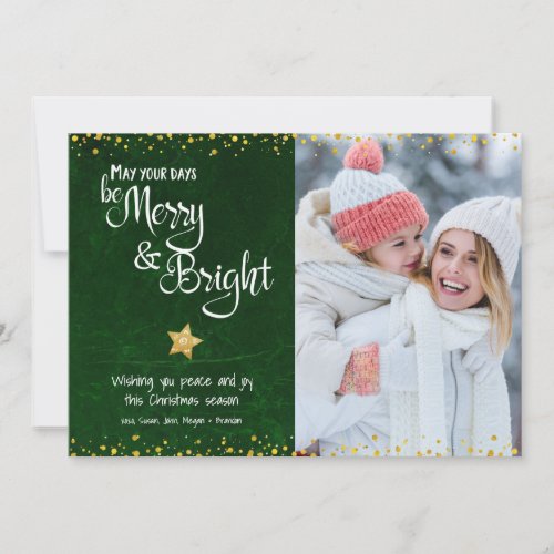 Merry Bright Script Gold Glitter Star Photo Green Holiday Card