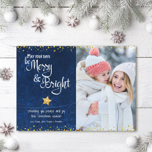 Merry Bright Script Photo Blue Gold Star Glitter  Holiday Card