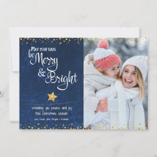 Merry Bright Script Photo Blue Gold Star Glitter Holiday Card