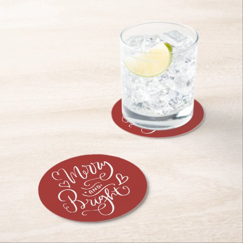 Merry  Bright Script Red Paper Coaster