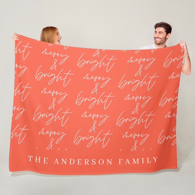 Merry & Bright script text red and white Christmas Fleece Blanket (In Situ)