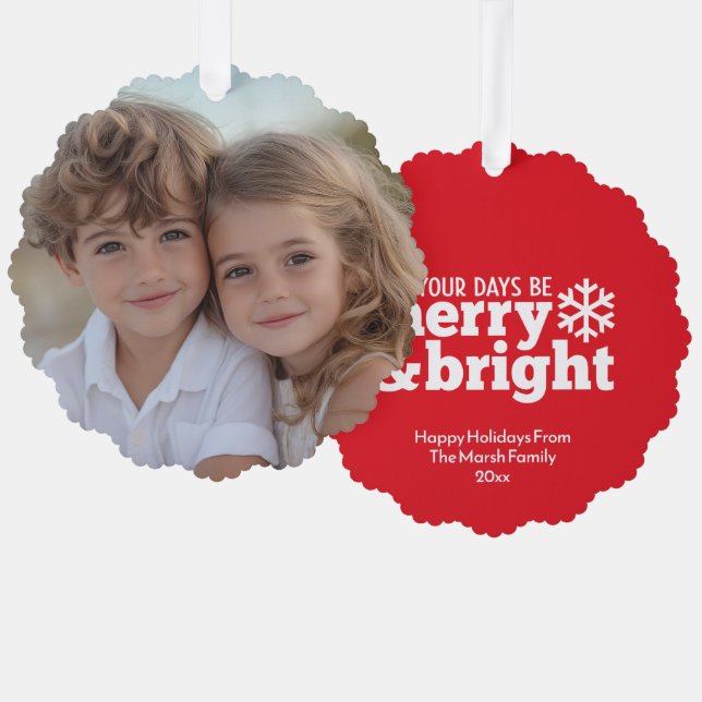 Merry & Bright Simple Red White - Christmas Photo Ornament Card (Front/Back)