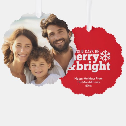 Merry  Bright Simple Red White _ Christmas Photo Ornament Card