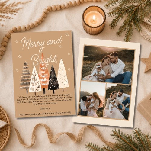 Merry &amp; Bright Simple Tan Multi Photo Christmas  Holiday Card