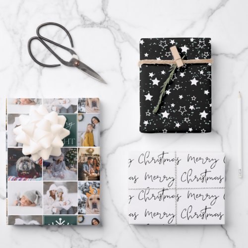 Merry bright snow 8 photos grid collage black wrapping paper sheets