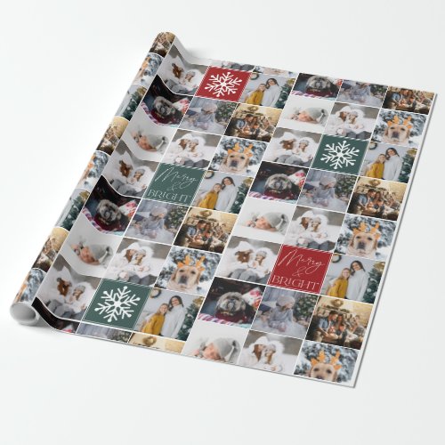 Merry bright snow 8 photos grid collage green red wrapping paper