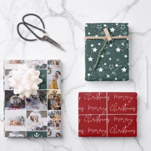 Merry bright snow 8 photos grid collage green red  wrapping paper sheets