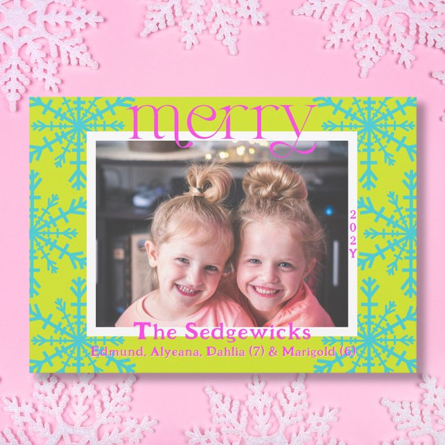 Merry Bright Snowflake Modern Maximal Photo Holiday Card (Bright Merry Snowflakes photo card in pear green, turquoise, and fuchsia.)