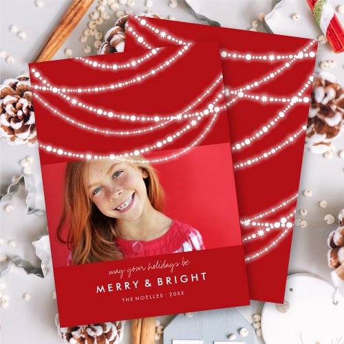 Merry  Bright Sparkles Chic Red Christmas Photo Holiday Card