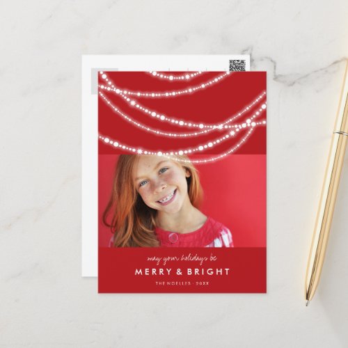 Merry  Bright Sparkles Chic Red Christmas Photo Holiday Postcard