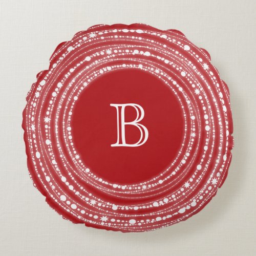 Merry  Bright Sparkling Lights Monogram Christmas Round Pillow