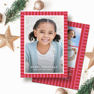 Merry bright stripe cute pink red Christmas photo Holiday Card