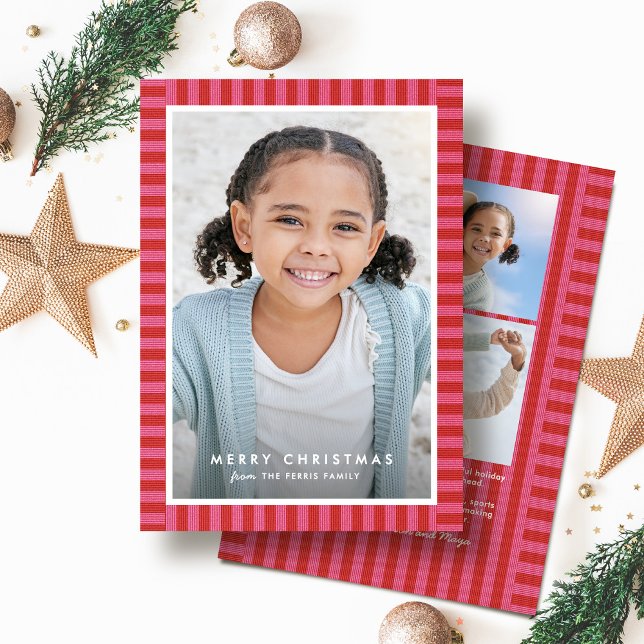 Merry bright stripe cute pink red Christmas photo Holiday Card (Creator Uploaded)