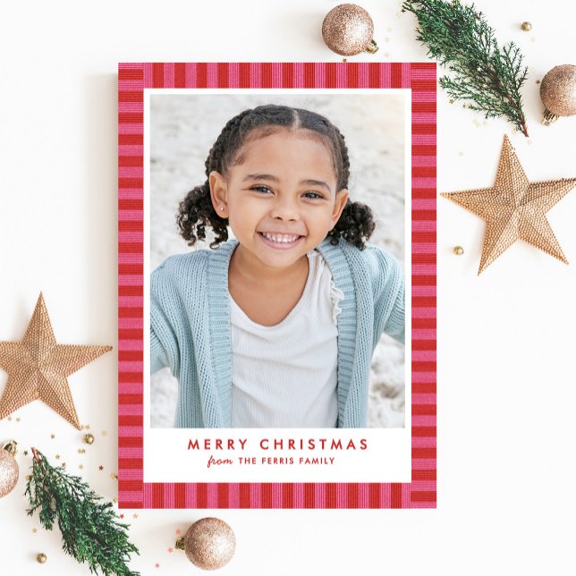 Merry bright stripe cute pink red Christmas photo Holiday Card (Creator Uploaded)