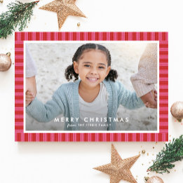 Merry bright stripe pink red frame Christmas photo Holiday Card
