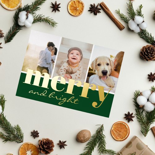 Merry Bright Stylish Green Three Photo Christmas Foil Holiday Card